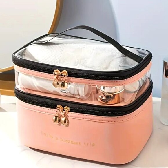 ✨NEW✨ Stylish Double-Layer Makeup Bag - Pink - Transparent - Picture 1 of 4
